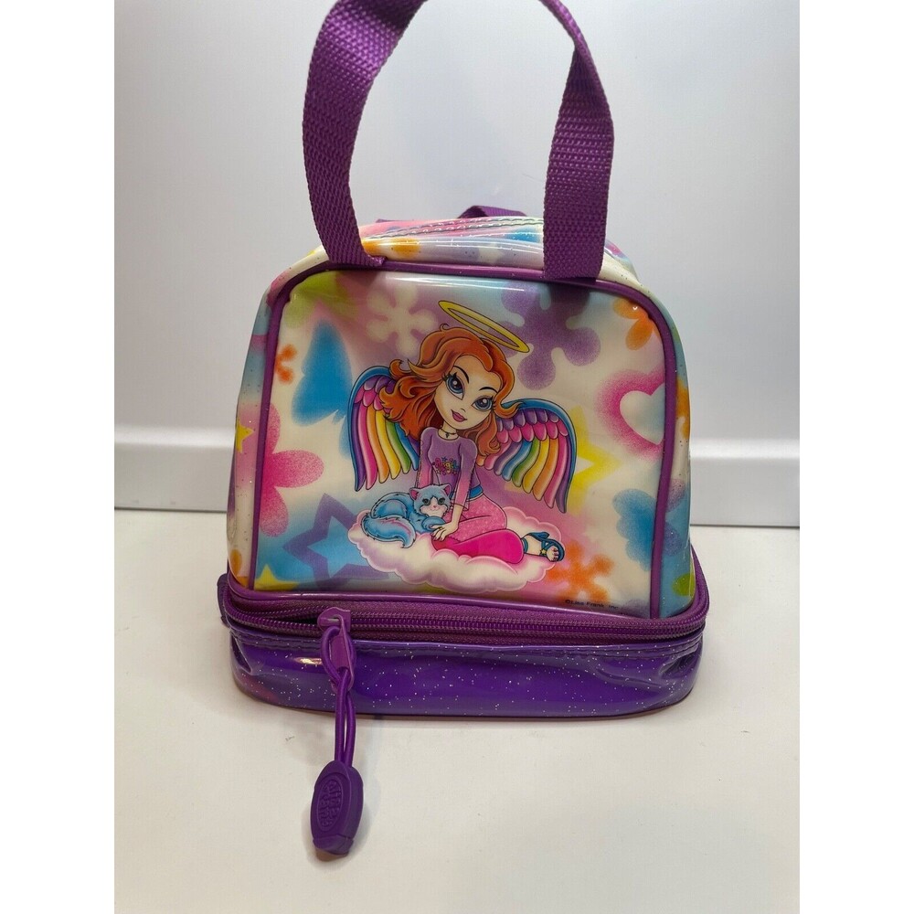 VTG PURPLE Lisa Frank Lunchbox Angel Girl With Cat Insulated Lunch Bag Strapped